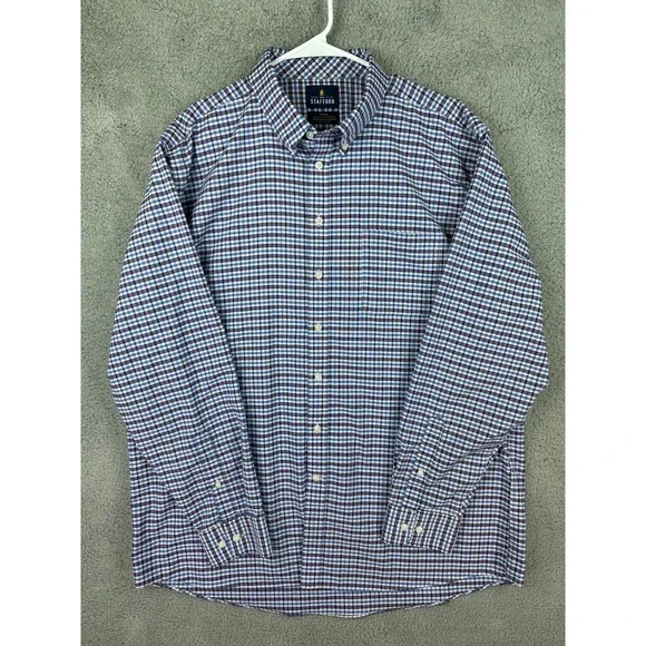 Stafford Shirt Men 18 36-37 Gingham Check Non Iron Fitted Travel Oxford Shirt